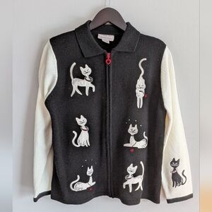 Vintage Talbot's Cat Cardigan, Black & White Sweater w Cat Appliques, Size M